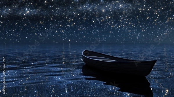 Fototapeta Serene night seascape featuring a solitary boat under a star filled sky