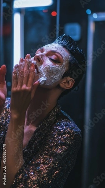 Obraz A drag queen removing makeup and cleansing their face after a performance, backstage realism