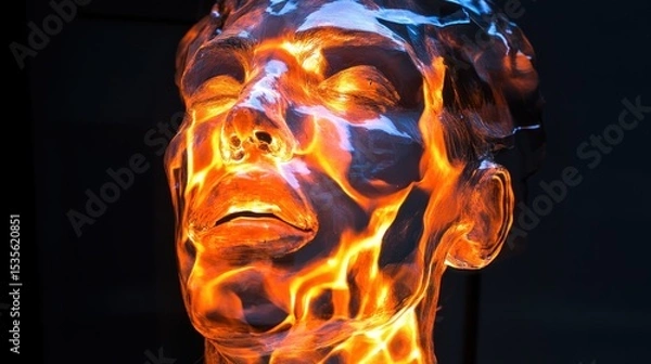 Fototapeta Striking illuminated sculpture of a human face in mesmerizing light display