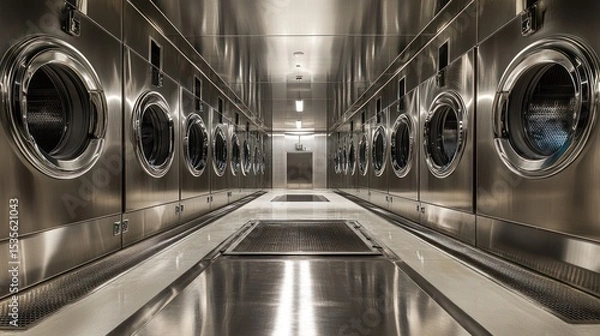 Fototapeta Symmetrical view of a clean and organized commercial laundry facility with machines