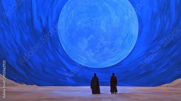 Fototapeta Two figures beneath a giant blue planet on a surreal desert landscape