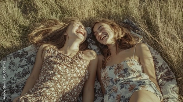 Fototapeta Two young women laughing and enjoying a sunny day in nature together cheerfully