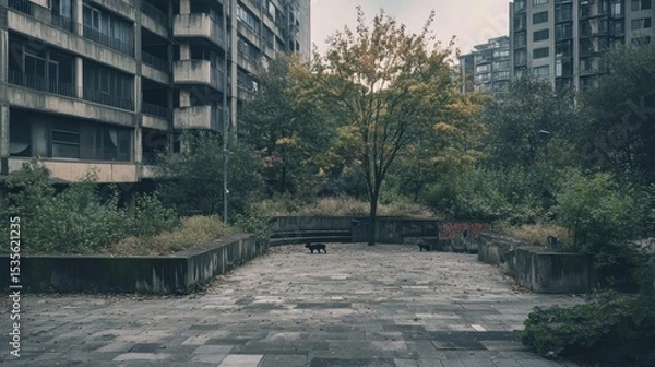 Fototapeta Urban decay and nature reclaiming space in a city park with stray animals