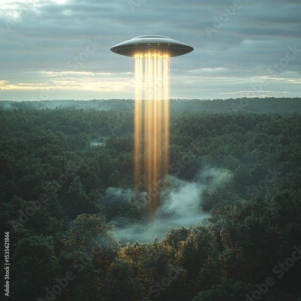 Fototapeta Mysterious UFO Hovering over Tranquil Forest