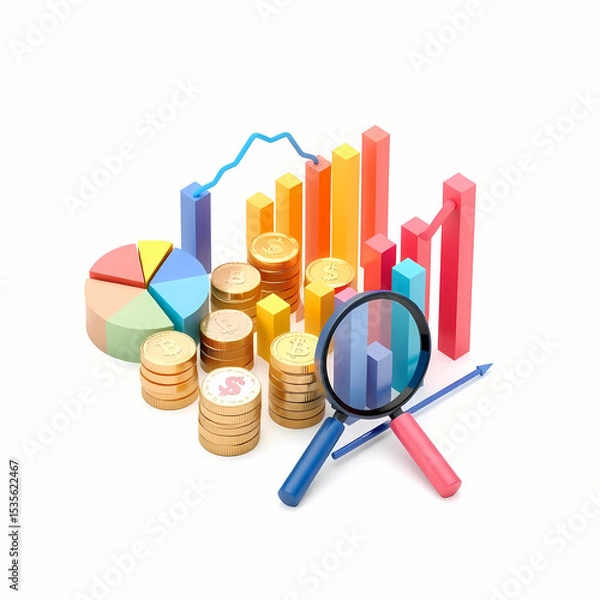 Fototapeta A colorful 3D rendering of financial elements like pie charts, coins, bar graphs, and a magnifying glass on a white background. Concept of analysis
