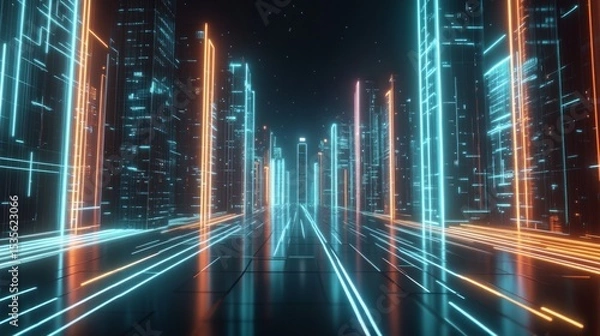 Obraz A futuristic cityscape with neon lines leading to the horizon, symbolizing innovation and progress in technology.