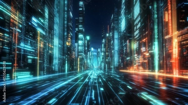 Obraz A futuristic cityscape with neon lines leading to the horizon, symbolizing innovation and progress in technology.