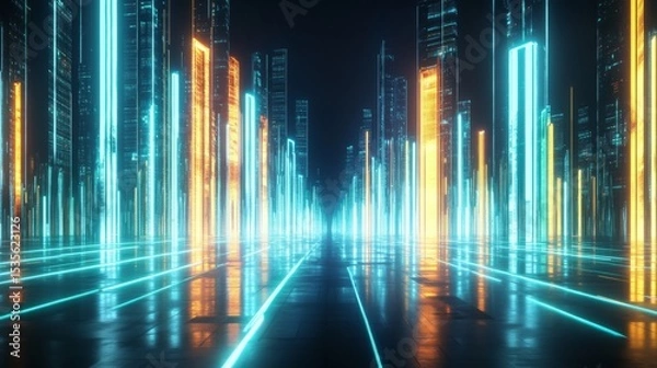 Obraz A futuristic cityscape with neon lines leading to the horizon, symbolizing innovation and progress in technology.