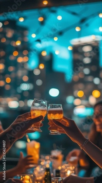 Obraz A group of friends toasting drinks at a rooftop bar with city lights in the background