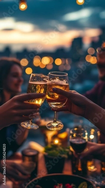 Obraz A group of friends toasting drinks at a rooftop bar with city lights in the background