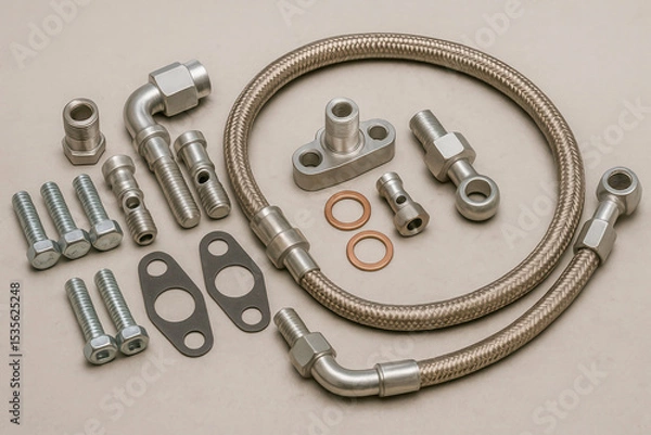 Fototapeta Turbo oil feed line kit with braided hoses, banjo fittings, bolts and washers