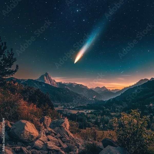Fototapeta Comet Flying over Mountain Range at Dusk