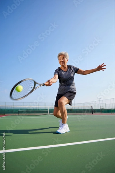 Obraz A senior woman is swinging her racket while hitting a tennis ball during a bright, sunny afternoon at an outdoor tennis court. Healthcare and active retirement concept. Generative AI.