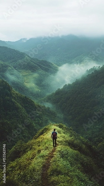 Obraz A hiker pausing mid-trail to admire the vast view of a green valley under soft mist 