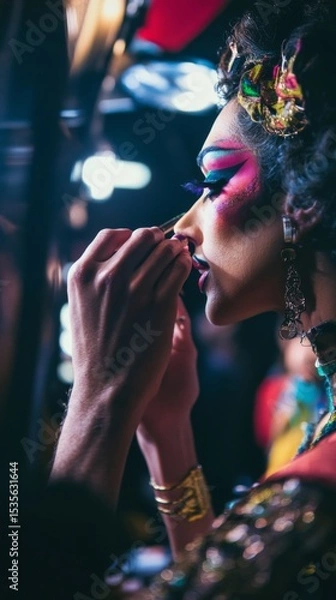 Obraz A Hispanic drag performer applying dramatic makeup backstage before a show 