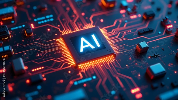 Fototapeta Artificial intelligence chip glowing on digital circuit board with vibrant orange and blue lights, symbolizing advanced technology and innovation