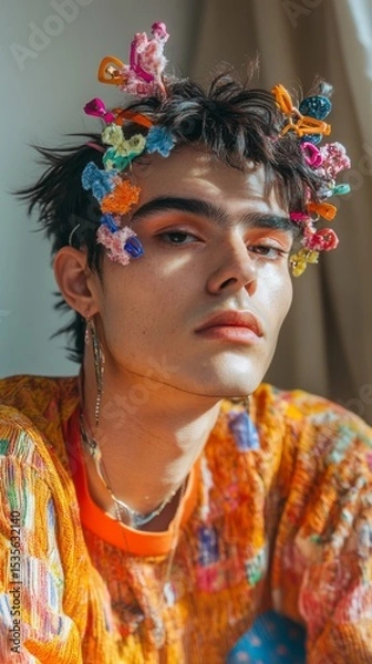 Obraz A nonbinary model experimenting with colorful hair clips and accessories at home 