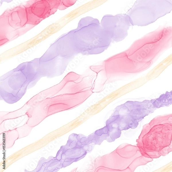 Fototapeta アルコールインクアートの抽象正方形バナー。白背景にピンク・紫のラフな斜めストライプ柄