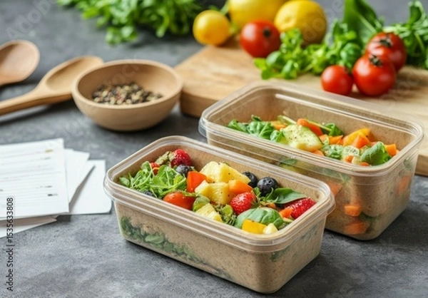 Obraz food containers filled with healthy, fresh fruits on the side. The containers are made from eco-friendly materials such as paper or glass to create sustainable packaging for eating out.