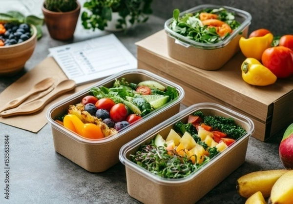 Obraz food containers filled with healthy, fresh fruits on the side. The containers are made from eco-friendly materials such as paper or glass to create sustainable packaging for eating out.