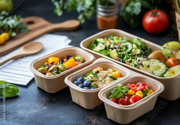 Obraz food containers filled with healthy, fresh fruits on the side. The containers are made from eco-friendly materials such as paper or glass to create sustainable packaging for eating out.