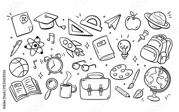 Fototapeta Cute hand-drawn Back to School doodle background and isolated items, perfect for surface design, prints, and crafting projects. A total of 28 different items. Vector illustration.