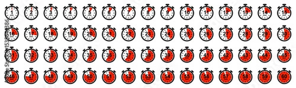 Fototapeta Stopwatch icons, timer from 1 to 60 minute timer, timer clock, countdown timer symbol icon set