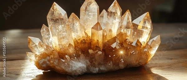 Fototapeta Crystal Cluster on Wooden Table with Natural Lighting