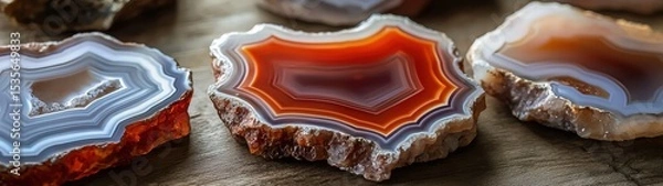 Fototapeta Vibrant Agate Slices Group Displayed on Dark Surface