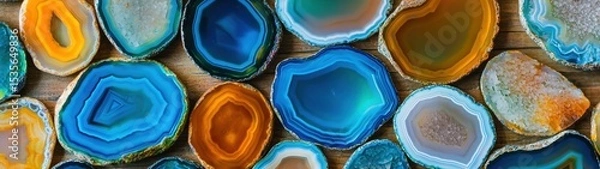 Fototapeta Agate Slices Arranged in Circular Pattern on Textured Background