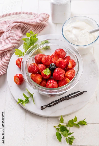 Obraz Preparing homemade strawberry jogurt with fresh fruits