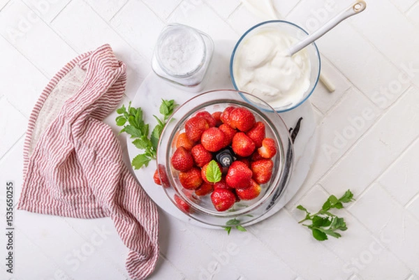 Obraz Preparing homemade strawberry jogurt with fresh fruits