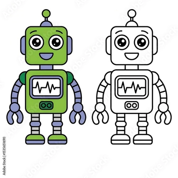 Obraz Friendly Cartoon Robot in Color and Outline
