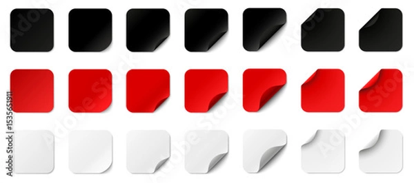 Obraz Red white and black paper square stickers with peeling corner and shadow, paper stickers square with rounded edges adhesive, set square paper curved corner, isolated rounded plastic mockup