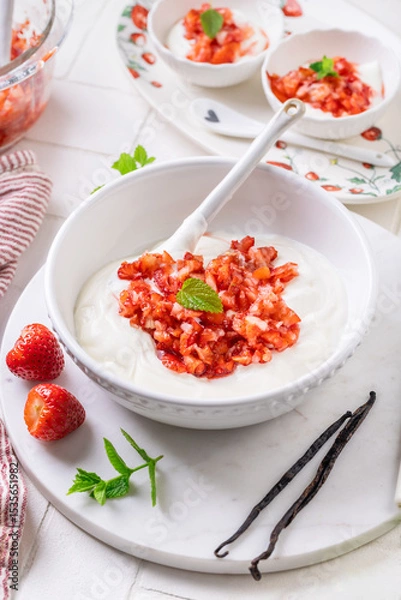 Obraz Preparing homemade strawberry jogurt with fresh fruits