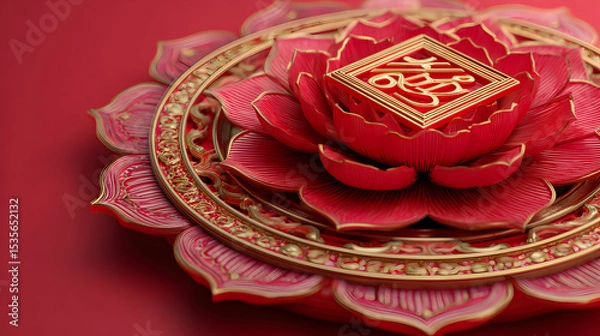 Obraz Elegant Red Lotus Flower with Gold Accents on a Red Background for Celebration