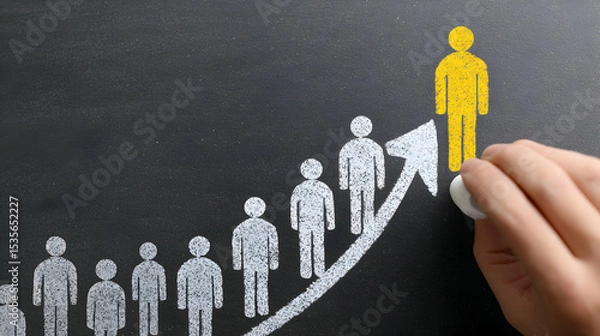 Obraz Hand-Drawn Arrow and Human Figures Illustrating Growth and Leadership on Dark Surface