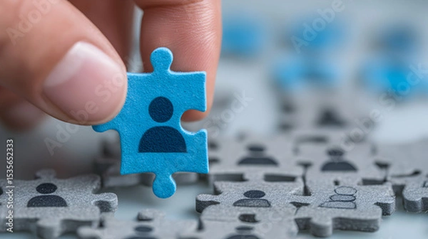 Obraz Hand Fitting Blue Puzzle Piece Into Gray Arrangement Representing Teamwork And Human Connection