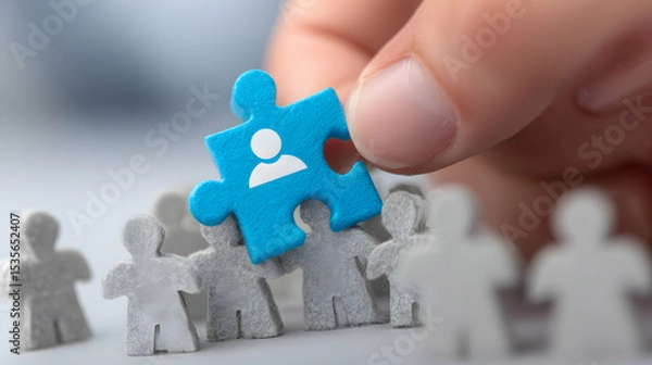 Obraz Hand Placing Blue Puzzle Piece Above Grey Figures Symbolizing Teamwork