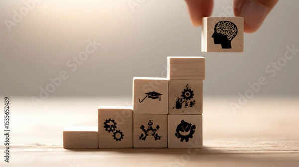 Obraz Hand Placing Brain Icon Block on Wooden Blocks Concept of Intelligence