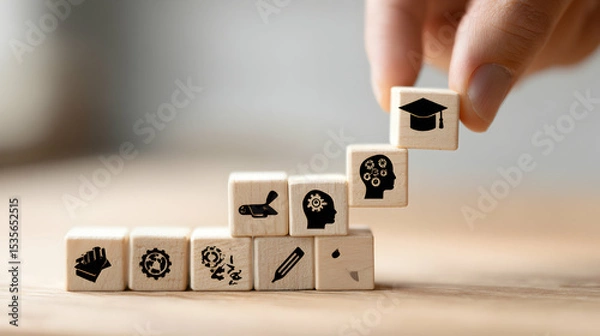 Obraz Hand Placing Educational Blocks On Wooden Staircase Representing Knowledge Growth