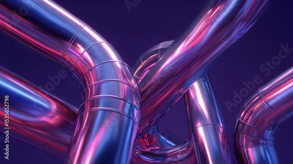 Obraz Metallic Pipe Structure with Blue and Pink Hues on a Dark Background