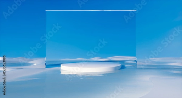 Fototapeta Summer 3d landscape background with white podium and mirror arch frame.