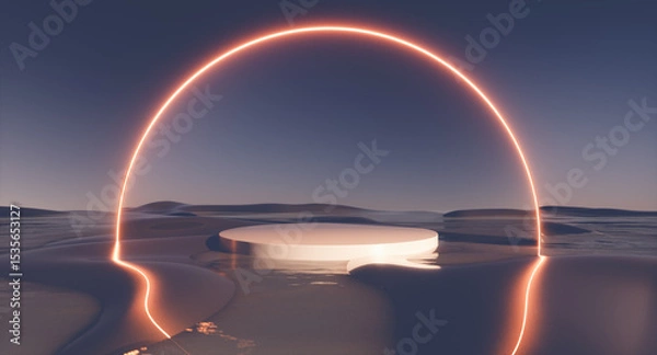 Fototapeta Futuristic 3d landscape background with neon arch frame. Innovation technology concept