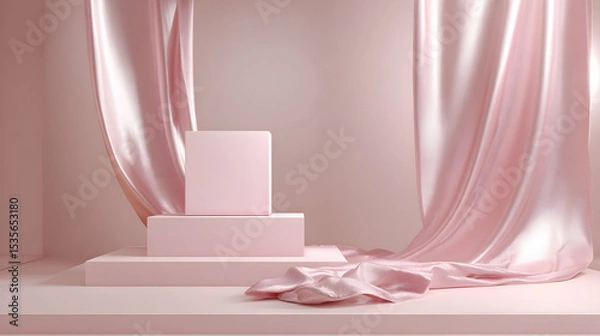 Obraz Pink Studio Podium With Soft Fabric Draping Elegant Display Background