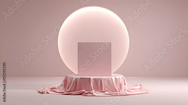 Obraz Pink Studio Scene Featuring Circular Light and Square Podium with Drape