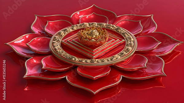 Obraz Red Lotus Flower Design With Golden Details on a Red Surface Art