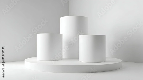 Obraz Three White Cylindrical Pedestals On Platform In Minimalist Setting