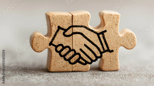 Obraz Puzzle Pieces Forming A Handshake Symbol Representing Business Partnership On Blurred Background