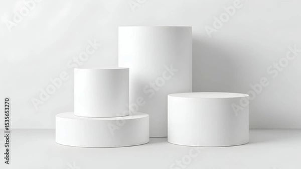 Obraz White Cylindrical Pedestals Display Against Plain White Background Studio Shot